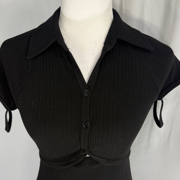 Helmut Lang Black Ribbed Knit Midi Dress Collared Short Sleeve Cutout Back Sz S - Picture 4 of 11